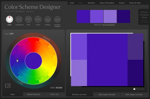 Workspace for Color Scheme Designer. This is just a simple monochrome palette.