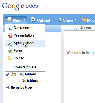 Creating a new spreadsheet in Google Docs. You can also upload spreadsheets to store and work on.