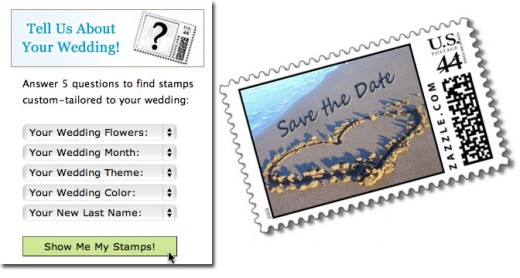 Customization menu from WeddingStamps.us, and a Zazzle save-the-date stamp