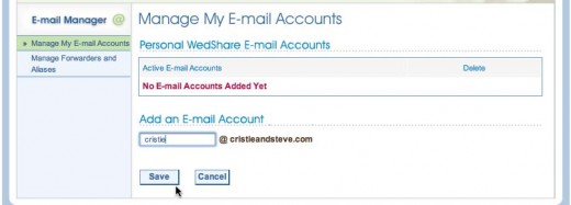 Create your own wedding-specific email addresses at your website easily with WedShare's Email Manager 