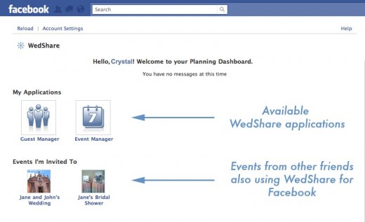 Your WedShare for Facebook dashboard. Two applications are live in the beta release