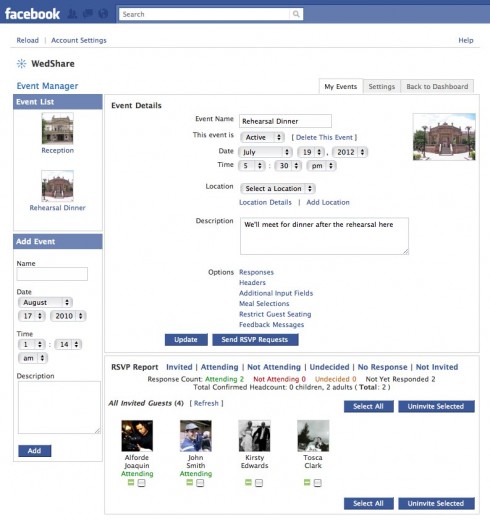 Manage your events and share them with Facebook friends