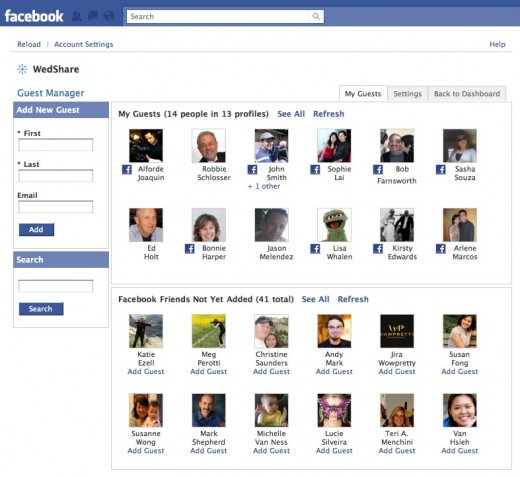 WedShare for Facebook Guest Manager integrates your guests and Facebook friends