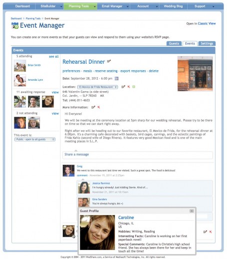 The new Event Manager includes a convenient guest list panel and message board